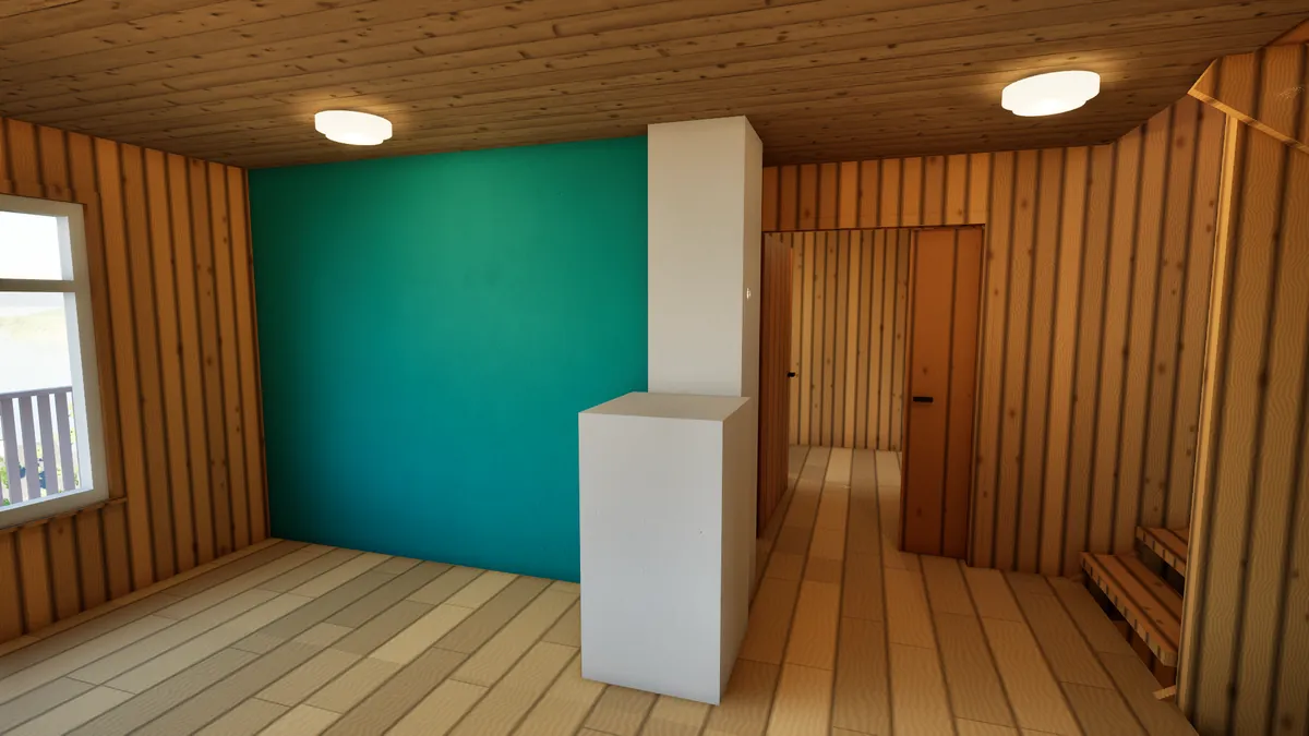 Kjøkkenet i dag: lukket inne av en vegg, en grønn aksentvegg og oransje furupanel.