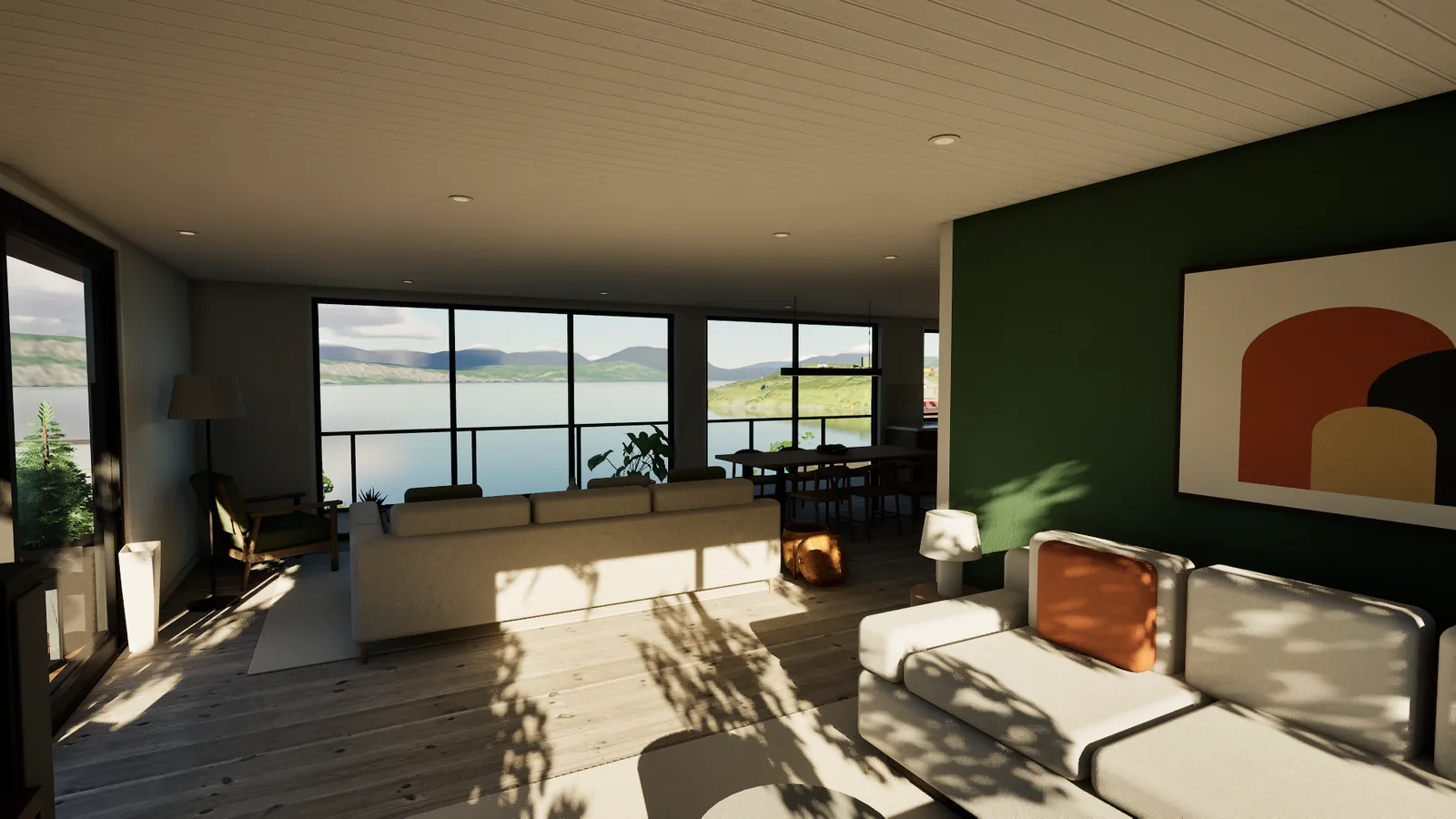 Samme stue i den fulle nordiske planen: grått panel, en grønn vegg og store vinduer ut mot fjorden.